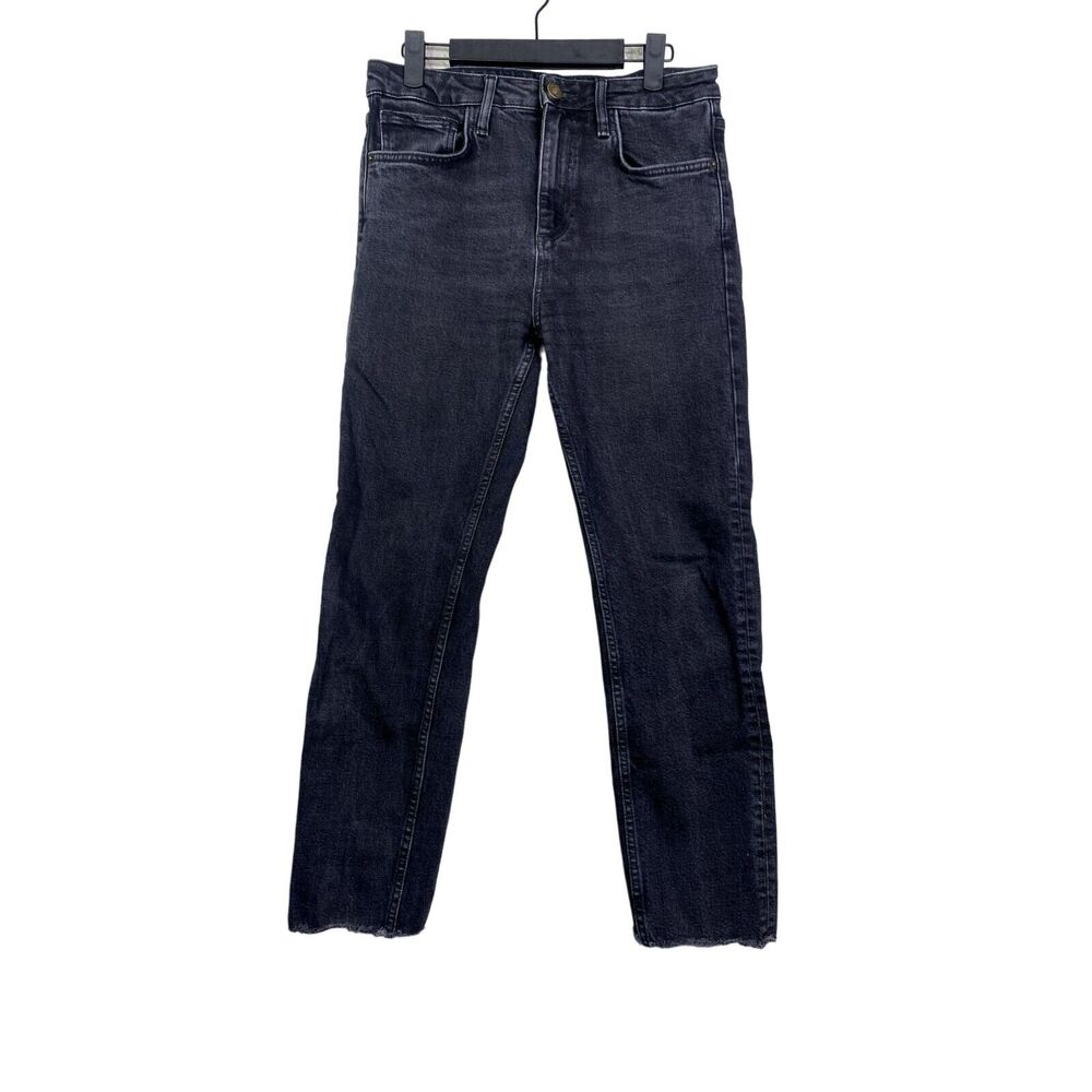 ZARA Straight Leg Cropped High Waisted Stretch Jeans Raw Hem 6 Rinsed Black - Picture 1 of 15